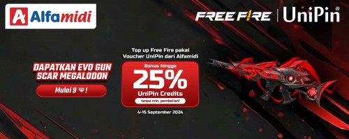 Booyah dengan Evo Gun SCAR Megalodon Legendaris - Top Up FF Pakai Voucher UniPin dari Alfamidi BONUS hingga 25% UniPin Credits!